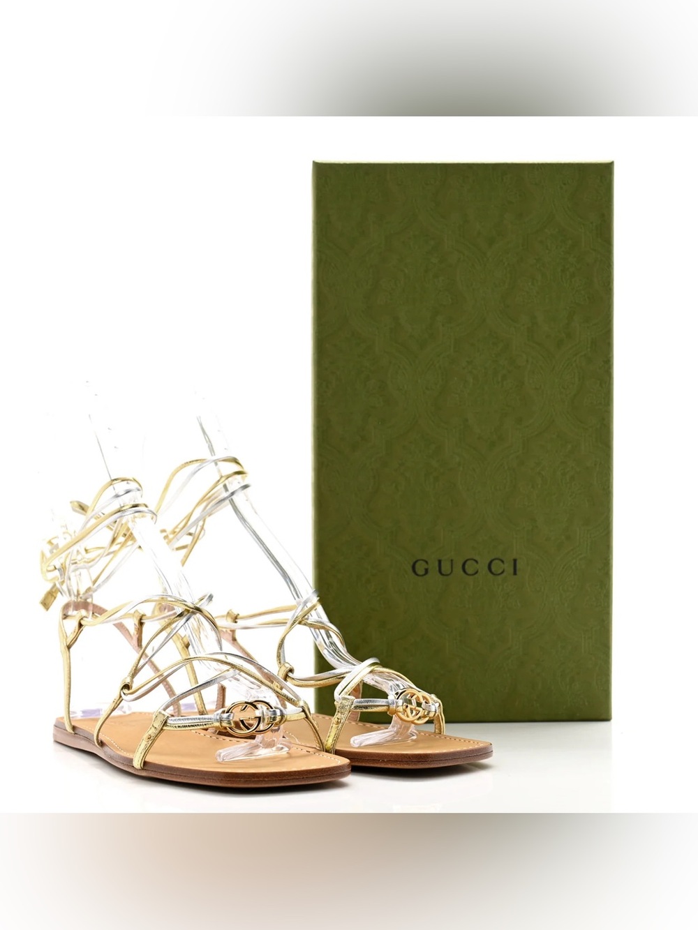 GUCCI Metallic Nappa Silk Lace Up Gladiator Flat Sandals